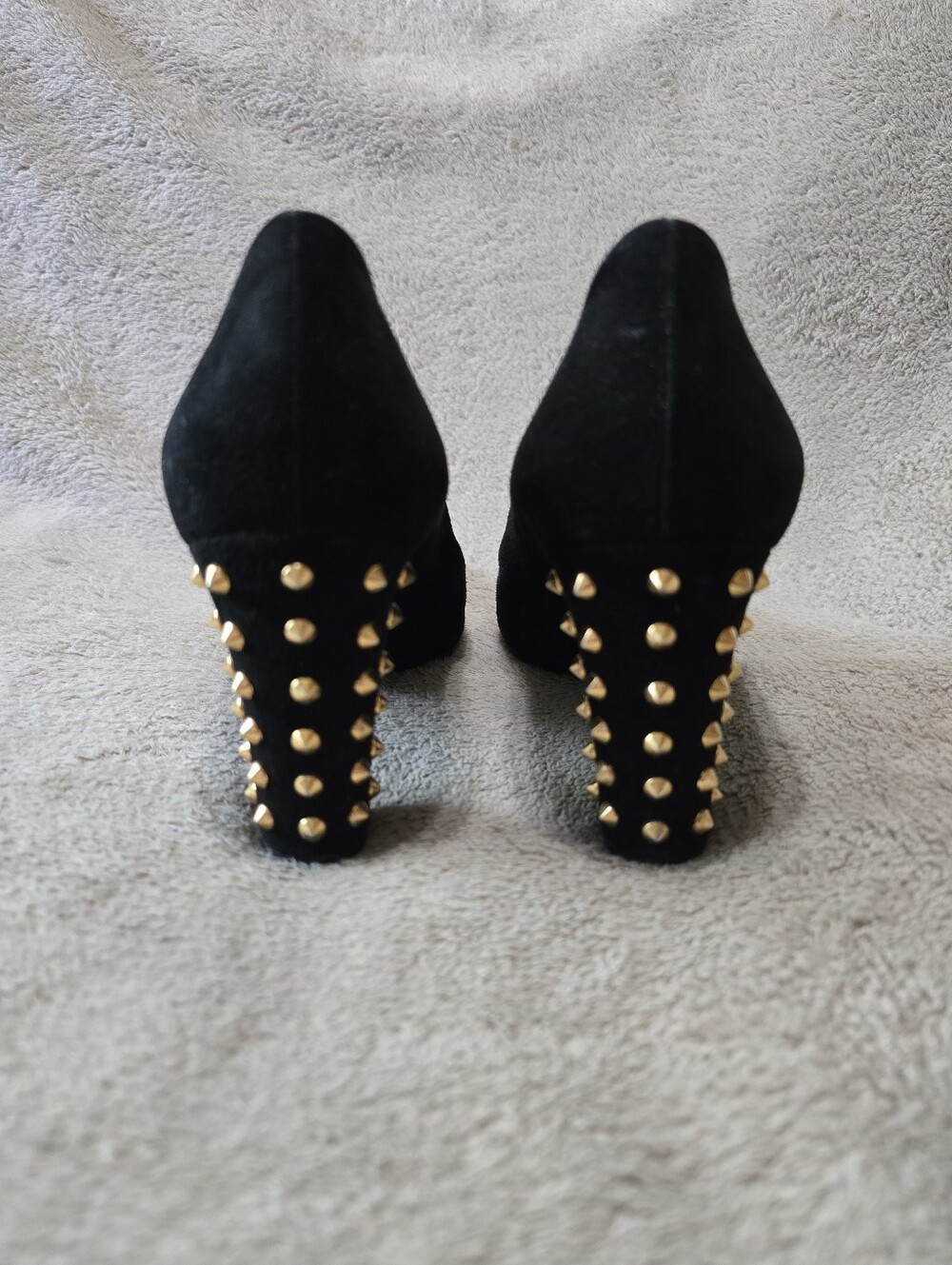 Gucci Jacquelyne Black Suede Gold Studded Block Heel Round Toe Pumps Size 39 - Picture 5 of 15
